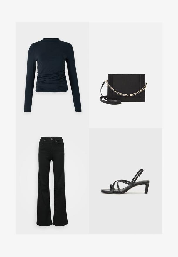 Pikem varrukaga must pe T-särk, millel on vale kaelus; külgedel on kogutud detail; valmistatud pehmest ja venivast materjalist; sile tekstuur.; Mustad laiad teksapüksid, valmistatud denimist, kõrge vöökoht, viis taskut ja metallist nööpkinnitus. Sujuv tekstuur väheste detailidega.; Mustast rihmajalatsid ruudukujulise varba ja madala ploki kontsaga. Omab mitmeid õhukesi rihmasid ja reguleeritavat pahkluu rihma. Valmistatud siledast nahast.; Mustast nahast õlakott, mis omab siledat tekstuuri, ristküliku kuju ning esiküljel metallketi detaili. Reguleeritav rihm on kaasas.