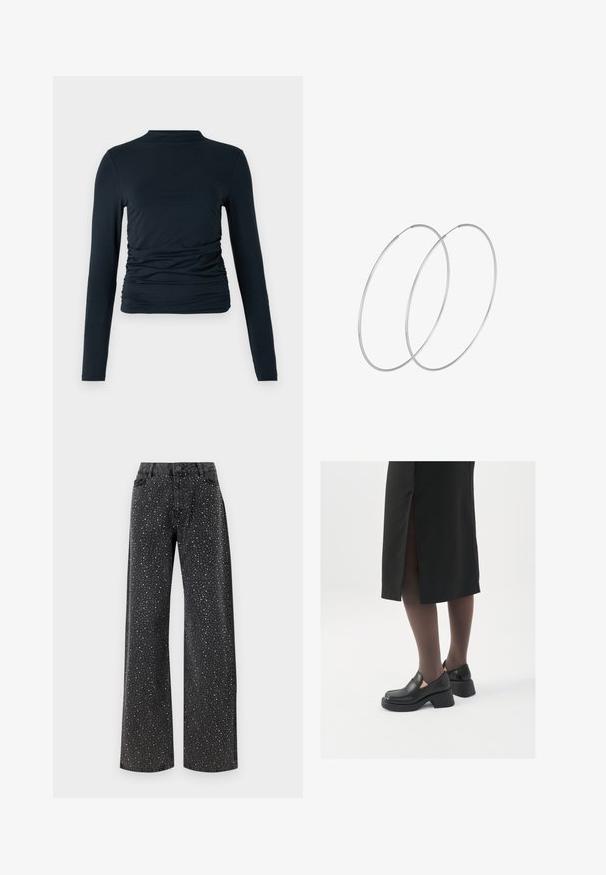 Črna majica s dolgimi rokavi in polovičnim ovratnikom; ima nabran detajl na straneh; izdelana iz mehkega, elastičnega materiala; gladka tekstura.; Noisy May NMJANNEL LOOSE - Široke kavbojke - black denim; Črne usnjene čevlje s zaobljenim prstom, debelim blokastim petama in elastičnimi stranskimi detajli, v kombinaciji s temno nogavicami in črno krilo z razporkom.; Srebrne uhane v obliki obroča z minimalističnim dizajnom. Krožna oblika, gladka tekstura in tanek profil. Lahki s poliranim zaključkom.