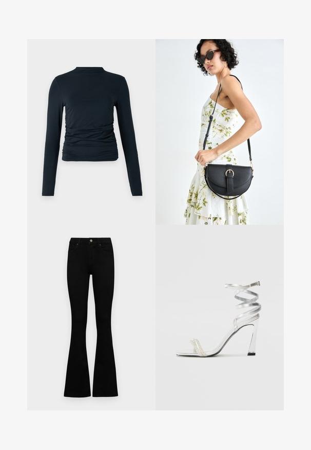 Langermet svart topp med høy hals; har rynkede detaljer på sidene; laget av et mykt, elastisk materiale; glatt tekstur.; Sorte høytlivsjeans med knapp og glidelås, frontlommer og utsvingte bein liggende flatt på en hvit bakgrunn.; Sølv høyhælte sandaler med et glitrende stroppdesign, som har en perle-lignende akcent og en spiralformet ankelstropp for sikker passform.; Svart lærveske med en buet form, avtagbar stropp og gullbeslag. Vesken har et klaff med spenne-detall.