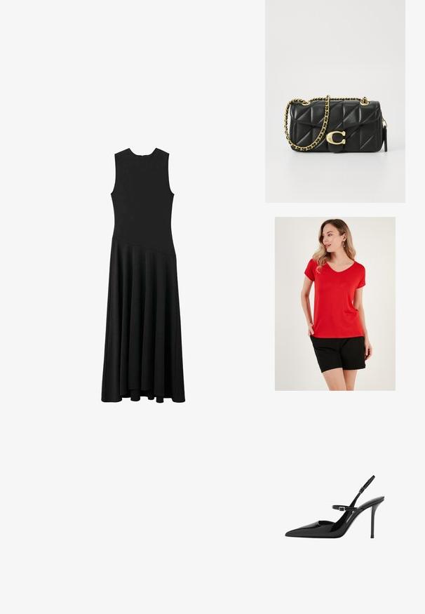 T-shirt rossa a V in morbido tessuto con maniche corte, abbinata a pantaloni corti neri, caratterizzata da una vestibilità rilassata e un design minimalista.; Abito maxi senza maniche nero con busto aderente e gonna svasata, caratterizzato da una texture liscia e un design minimalista, senza chiusure visibili.; Slingback in vernice nera con tacco a stiletto, punta affusolata e cinturino regolabile. Superficie liscia con finitura lucida.; Borsa a tracolla in pelle nera trapuntata con una catena dorata e un fermaglio a scatto con un accento circolare. Forma rettangolare compatta.