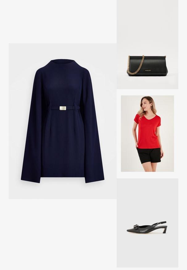 Rdeča majica s kratkimi rokavi v T-krogu iz mehkega materiala, v kombinaciji z črnimi kratkimi hlačami, ki imajo sproščen kroj in minimalističen dizajn.; Mornarica obleka z dolgimi rokavi, visokim ovratnikom in z pasom z srebrom zaponko. Gladko blago z strukturiranim dizajnom.; Črne usnjene slingback čevlje z ostrim nosom, majhnim petam in dekorativno sponko na zgornjem delu. Gladka tekstura, minimalistična zasnova.; Črna usnjena torbica z zlatim verižnim trakom, z gladko teksturo, pravokotno obliko in embosiranim logotipom spredaj.