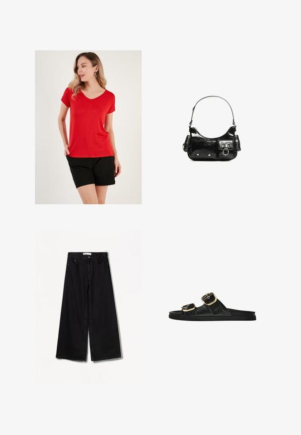 Czerwony t-shirt z dekoltem w serek, wykonany z miękkiego materiału, z krótkimi rękawami, w zestawieniu z czarnymi szortami, charakteryzującymi się luźnym krojem i minimalistycznym designem.; Bershka WIDE czarny; Czarne klapki z dwoma złotymi klamrami, gładki materiał, płaska podeszwa i minimalistyczny design.; Czarna torebka z lakierowanej skóry o zaokrąglonym kształcie, z jednym paskiem na ramię, przednimi kieszeniami i akcentami w kolorze srebrnym.