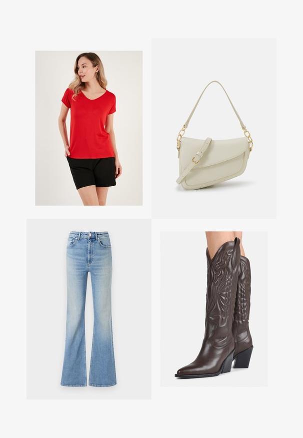 Red V-neck T-shirt in soft fabric with short sleeves, paired with black shorts, featuring a relaxed fit and minimalistic design.; Light blue flared jeans made of denim, featuring a high waist, five-pocket design, and subtle gradient fading towards the hem.; Brown leather cowboy boots with pointed toe and block heel, featuring detailed stitching and raised accents on the shaft.; Small cream handbag with a textured finish, a long adjustable strap, a chain accent, and a flap closure. Gold hardware detailing.; Gold hoop earrings with a smooth, shiny finish. Circular design featuring a small post and clear backing for secure wear.