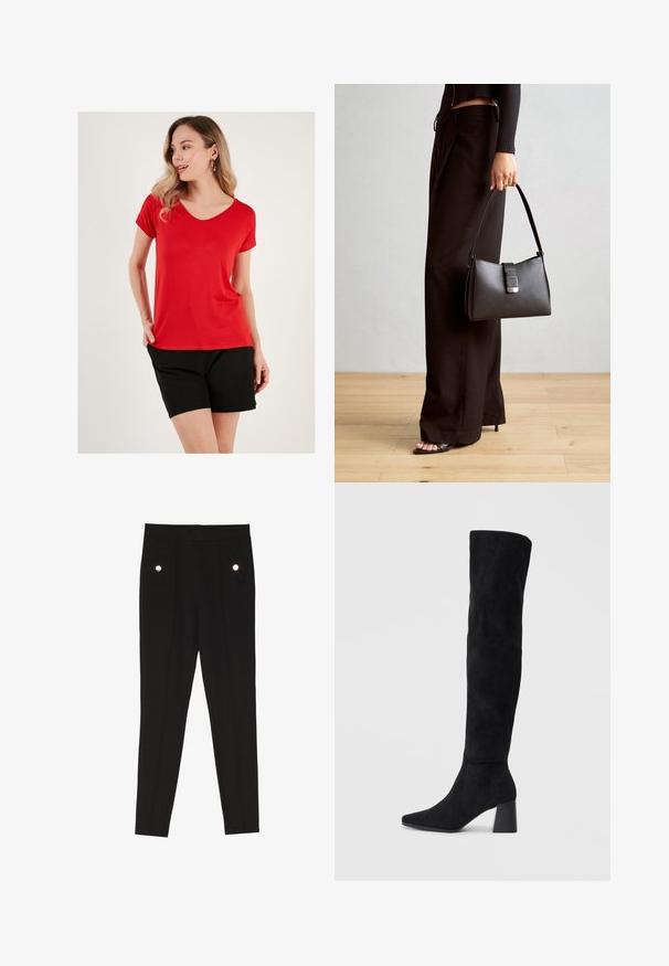 Tricou roșu cu decolteu în V din material moale, cu mâneci scurte, asortat cu pantaloni scurți negri, având o croială lejeră și un design minimalist.; Pantaloni negri din stofă fină, cu o textură netedă, având două buzunare frontale cu accente decorative din metal și un design slim-fit.; Cizme negre din suede, cu toc bloc, vârf ascuțit și un design neted, fără cusături, pe un fundal deschis.; Genți negre cu o formă structurată, textură netedă și un închizător metalic. Asortată cu pantaloni negri largi și sandale cu vârf deschis pe un podea din lemn.