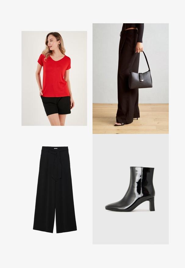 Červené tričko s výstřihem do V z měkké tkaniny, krátké rukávy, spárované s černými šortkami, s uvolněným střihem a minimalistickým designem.; Černé kalhoty s širokými nohavicemi, vyrobené z texturované tkaniny, s elastickým pasem a odnímatelným páskem na úpravu velikosti.; Černé lakované kotníkové boty s špičatou špičkou a středně vysokým blokovým podpatkem. Hladká textura a minimalistický design.; Černá kabelka se strukturovaným tvarem, hladkým povrchem a kovovým uzávěrem. Kombinována s širokými černými kalhotami a sandály s otevřenou špičkou na dřevěné podlaze.