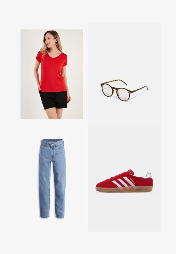 Piros V-nyakú póló puha anyagból, rövid ujjal, fekete sorttal párosítva, laza fazonban és minimalista dizájnnal.; Világoskék, farmerből készült, laza szabású, egyenes lábú nadrág, öt zsebes dizájnnal és szaggatott szegélyekkel a sportos megjelenésért.; Piros velúr sneaker fehér háromcsíkos dizájnnal és arany "Gazelle" felirattal. Gumi talppal és texturált sarokkal rendelkezik.; Kerek napszemüveg teknőspáncélszerű mintázattal és átlátszó lencsékkel. Vastag, könnyű kerettel és karcsú szárakkal rendelkezik.