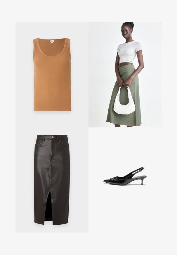 Pruun ribaga õhuke särk, millel on ümar kaelus, pehme tekstuur ja nähtamatud logod või mustrid. Puhtad ja lihtsad kujundused.; Pruun nahk midi-seelik, millel on esisilmus, viie-tasku disain ja metallnupu sulgemine. Sile tekstuur ja kohandatud istuvus.; Musthave nahkased kõrged kontsad, millel on terav varvas, väike kitten-kont ja dekoratiivne sõlm ees. Ühtlane sile tekstuur.; Hallid hall pitsakene ja oliiviroheline kõrge vöökohtadega seelik. Mudel hoiab käes valget õlakotit, millel on lõikega detailid. Lihtne disain, vormiline siluett.