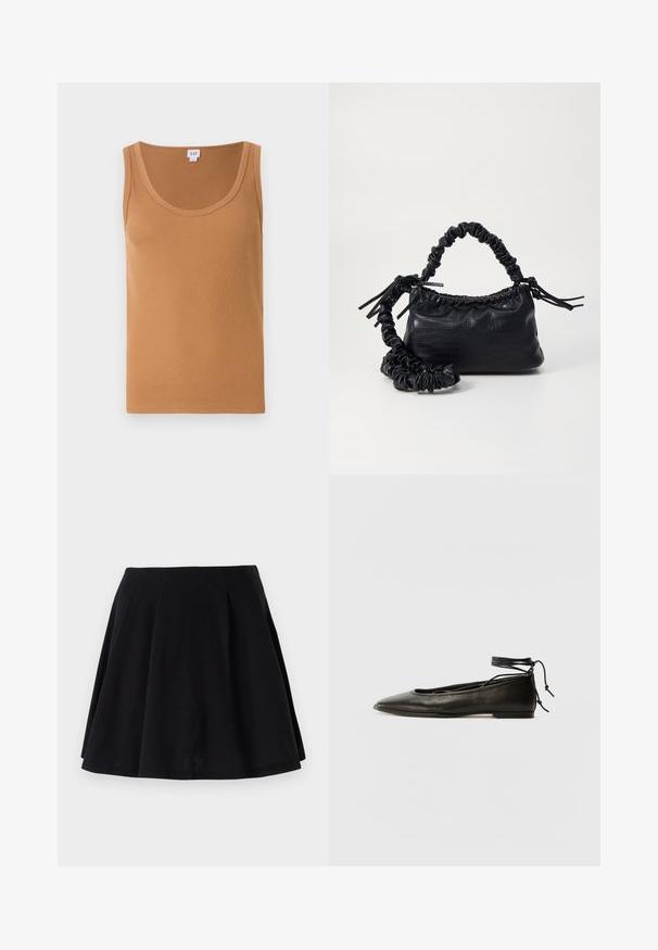 Bruine geribbelde tanktop met een ronde hals, met een zachte textuur en zonder zichtbare logo's of patronen. Schoon en eenvoudig ontwerp.; Zwarte katoenen rok met een uitlopende silhouet, met plooien bij de taille en een gladde textuur. Geschikt voor casual dragen.; Zwarte leren balletschoenen met een spitse neus, enkelbandje en platte zool, voorzien van een gladde textuur en minimalistisch ontwerp.; Zwarte nepleer handtas met een krokodillenstructuur, opgedroogde bovenkant en een gekreukte hengsel. Het lijkt zacht en compact van ontwerp.