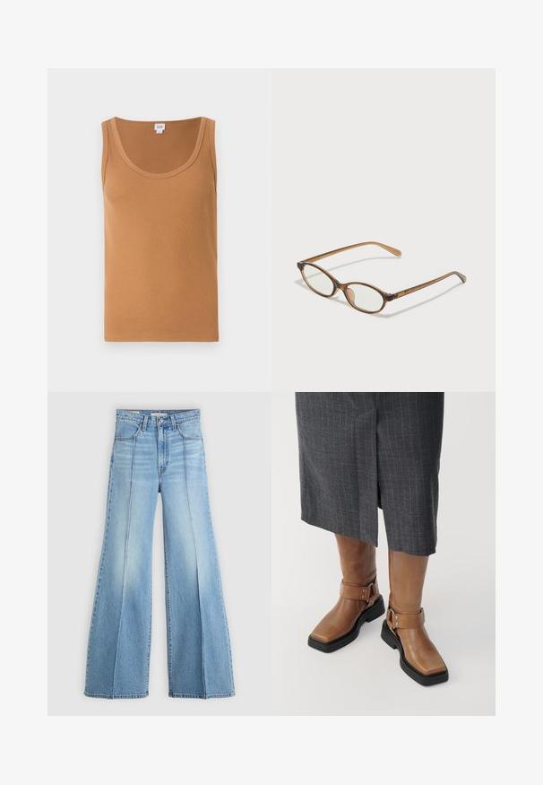 Top sin mangas marrón con escote redondo, con una textura suave y sin logotipos ni patrones visibles. Diseño limpio y simple.; Jeans de tiro alto en azul claro, con piernas anchas, bolsillos delanteros y traseros, pasadores para cinturón y detalles de costura vertical en la parte frontal.; Botas de cuero marrón hasta la rodilla con punta cuadrada, suela de goma negra y detalle de correa ajustable con hebilla. Llevadas con una falda gris de rayas.; Gafas de carey marrón con lentes ovalados, patas delgadas y acentos transparentes. Presenta un sutil logo en la varilla. Diseño elegante y ligero.; Bolso sintético blanco con forma triangular, tapa frontal plana y detalle de lazo, correa ajustable, textura suave y diseño minimalista.