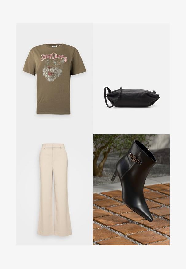 Olive rohelise lühikeste varrukatega T-särk, millel on eeslitest kivikestega tiigri nägu kujutis ja ees punase gooti kirjatüübiga tekst "Joop! Jeans".; Beeži laiad püksid sujuva tekstuuriga, kõrgendatud vöökoht ja kaks eesmist taskut. Puhtas disain, mis on kohandatud sobivusega.; Mustadast nahast pahkluu saapad terava nina ja väikese kontsaga. Rikkalikult kaunistatud kuldne kett pahkluu ümber. Ümbritsetud tekstuurse kivi pinnaga.; Musthave musta nahkklamber, millel on ristkülikukujuline kuju, sile tekstuur, õhuke õlavarre rihm ja minimalistlik disain.