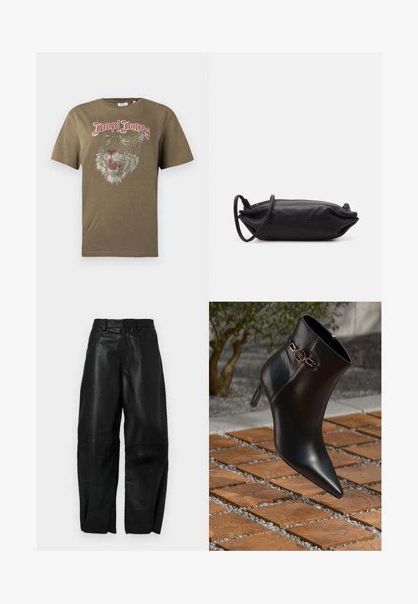 T-shirt de manga curta verde azeitona com design de rosto de tigre em strass e texto "Joop! Jeans" em fonte gótica vermelha na frente.; Calças de couro preto com um ajuste solto, apresentando um design de perna reta, bolsos frontais e detalhes de costura visíveis.; Bota de tornozelo em couro preto com bico fino e salto pequeno. Apresenta um detalhe em corrente dourada no tornozelo. Cercada por uma superfície de pedra texturizada.; Carteira de mão em couro preto com formato retangular, textura suave, alça de ombro fina e design minimalista.