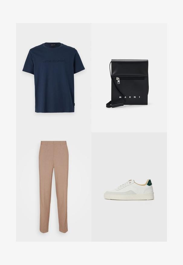 T-shirt in cotone blu navy con maniche corte e girocollo; presenta un logo "MICHAEL KORS" in rilievo sul davanti.; Pantaloni beige su misura in tessuto liscio e strutturato. Vestibilità dritta con cintura in vita, senza decorazioni o tasche visibili.; Sneaker bianco con accenti in camoscio, punta rotonda, lacci piatti e suola in gomma crema. Presenta un marchio verde sul tallone.; Borsa a tracolla in pelle nera con tasca frontale con zip, logo in rilievo e tracolla regolabile. Texture liscia con una forma strutturata.