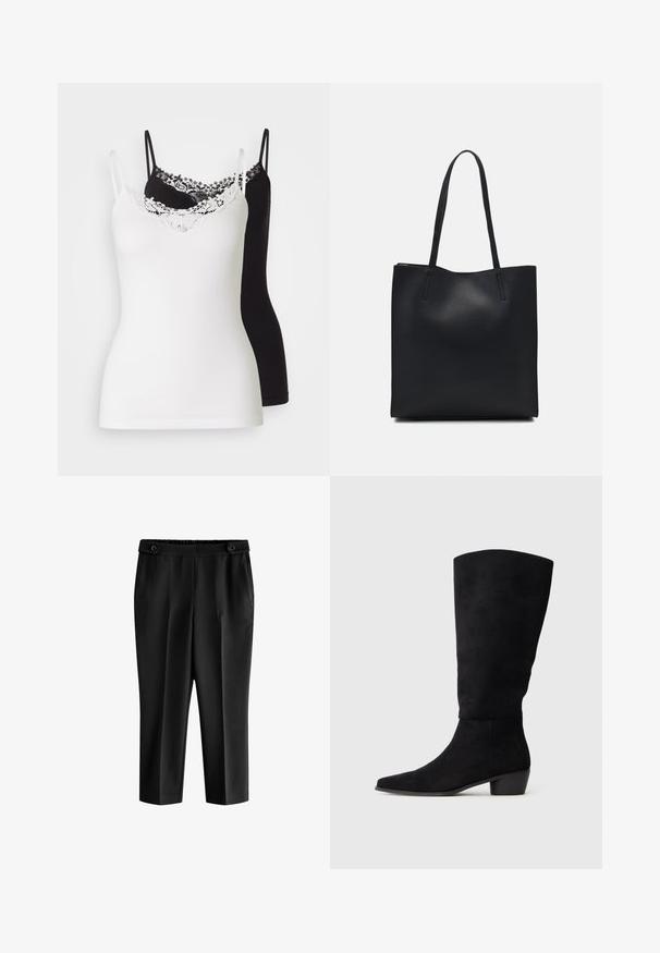Due top, uno bianco e uno nero, con spalline regolabili. Il top bianco presenta un bordo in pizzo lungo il scollo. Texture liscia.; Pantaloni neri a culotte con una vestibilità rilassata, vita elastica e due tasche frontali. Il tessuto ha una texture liscia con una finitura leggermente lucida.; Stivale nero in suede alto fino al ginocchio con tacco basso e punta affusolata, presentato in vista laterale su uno sfondo grigio chiaro uniforme.; Borsa tote in pelle nera con texture liscia, forma rettangolare e due manici lunghi. Nessun hardware o decorazione visibile.