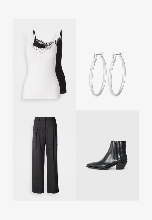 Dve topi brez rokavov, ena bela in ena črna, z nastavljivimi naramnicami. Bela top ima čipkast rob ob dekolteju. Gladka tekstura.; Temno sivi široki hlače iz strukturirane tkanine, z sprednjimi naborki in klasičnim dizajnom pasu. Brez vidnih žepov.; Črne usnjene gležnjarje s koničastim nosom, elastičnimi stranskimi paneli z navpičnimi utori in nizko blokasto peto. Gladka tekstura in eleganten dizajn.; Srebrni obroči za ušesa z gladko, polirano površino. Okrogla oblika in varna zaponka s klikom. Lahka zasnova, primerna za vsakodnevno nošenje.