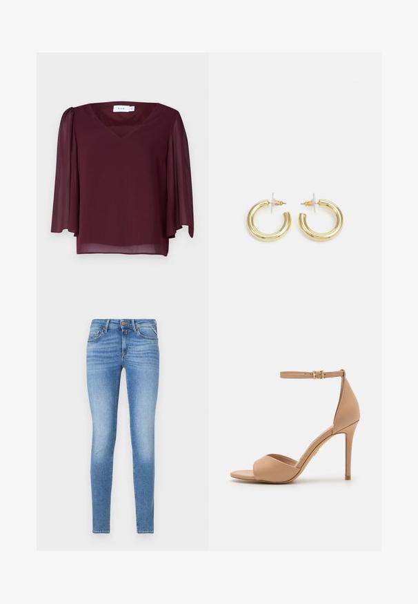 Burgundska bluzo z V-izrezom, prosojnimi kratkimi rokavi in ohlapnim krojem. Narejena iz lahkotnega materiala s tekočo teksturo.; Tanjši modri jeans z višjim pasom, sprednjim gumbom in petimi žepi.; ALDO CRERIDE PILLOW WALK - Sandali - beige; Zlate uhane v obliki obročkov z gladko, sijočo površino. Krožna zasnova s majhnim nosilcem in prozornim podplatom za varno nošenje.