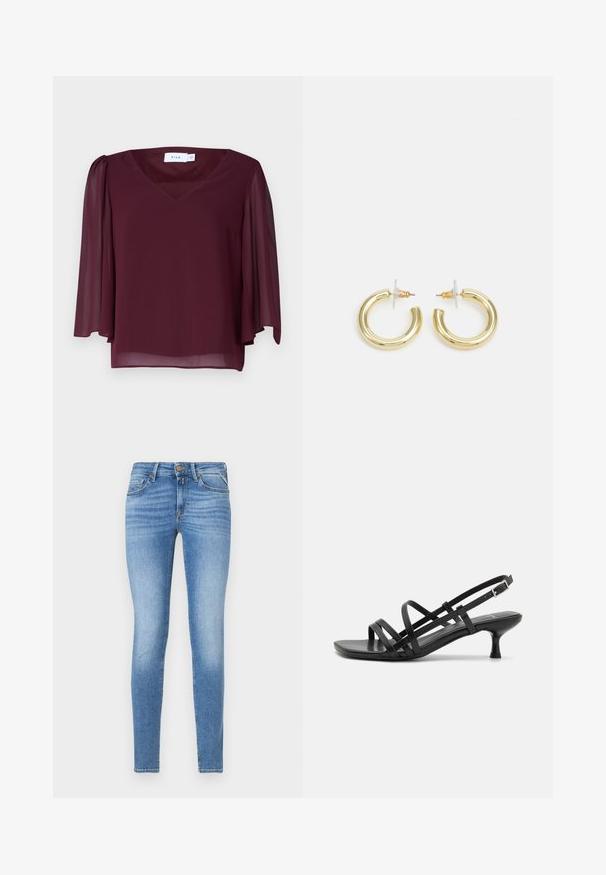 Burgunderfarbige Bluse mit V-Ausschnitt, durchsichtigen kurzen Ärmeln und lockerer Passform. Hergestellt aus leichtem Stoff mit fließender Textur.; Slim-Fit hellblaue Jeans im Denim-Stil mit mittelhohem Bund, vorderem Knopf und Fünf-Taschen-Design.; Schwarze High Heels Sandalen mit mehreren überkreuzten Riemen. Glattes Material, spitze Zehenpartie und schmaler Absatz. Verstellbarer Knöchelriemen mit Schnalle.; Goldene Creolen mit einer glatten, glänzenden Oberfläche. Zirkuläres Design mit einem kleinen Stecker und einer klaren Rückseite für einen sicheren Sitz.