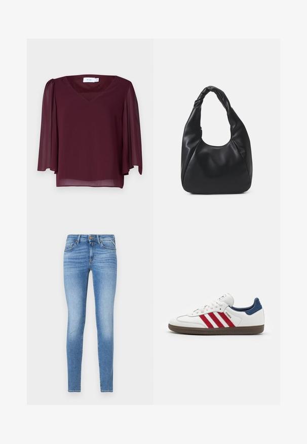 Bordeaux blouse met een V-hals, transparante korte mouwen en een losse fit. Gemaakt van lichtgewicht stof met een vloeiende textuur.; Slim-fit lichtblauwe spijkerbroeken met een middelhoge taille, vooraan met knoopsluiting en een vijf-pocket ontwerp.; Witte sneaker met rode suede strepen, blauwe suede hielaccent en een gestructureerde bruine rubberen zool. Heeft een vetersluiting en logo.; Zwarte hobotas gemaakt van glad, leerachtig materiaal met een gedraaide handgreep, met een zachte, ronde vorm en een ritsluiting aan de bovenkant.; Gouden creolen met een gladde, glanzende afwerking. Circulaire vormgeving met een kleine post en een doorzichtige achterkant voor een veilige draagervaring.