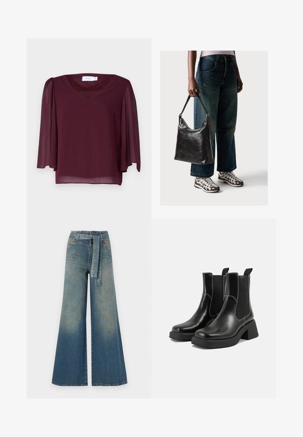 Burgundia pluus V-kaelusega, läbipaistvate lühikeste varrukatega ja laia lõikega. Valmistatud kergest kangast, mis on voolava tekstuuriga.; Laiad denimpüksid, millel on hele tume sinine gradiendiefekt, kõrge vöökoht, vöökumlid ja sobivast kangast vöö. Struktureeritud denimi viimistlus.; Must musta Chelsea saapad, millel on paks konts, elastsed külgpaneelid ja kontrastne valge õmblus. Tekstuuriga viimistlus.; Must musta õlakott, millel on sile tekstuur ja reguleeritav rihm, koos pleekinud laia jalgadega teksade ja sportlike tossudega.