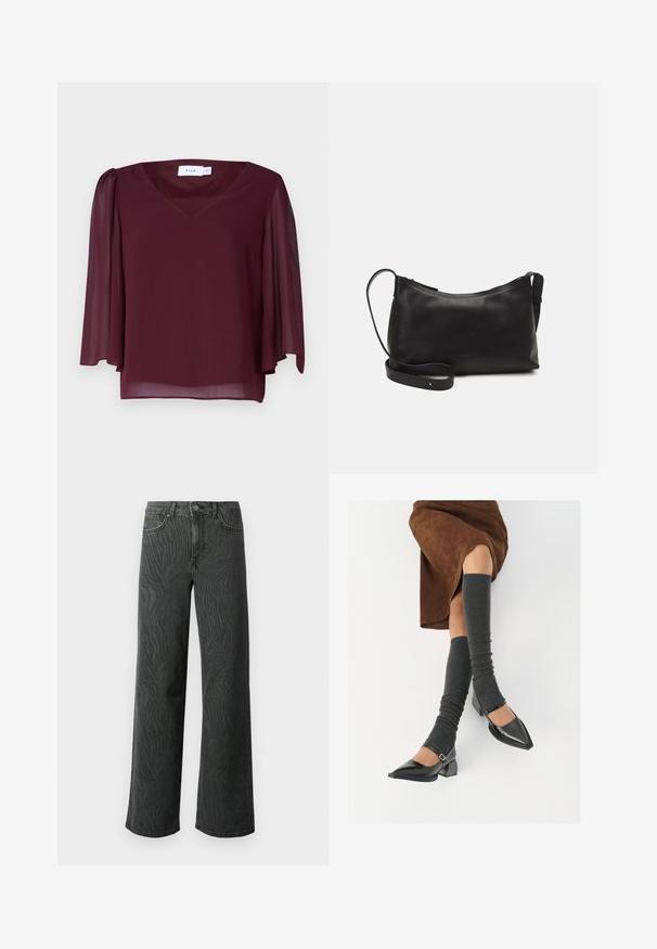 Burgunderfarbige Bluse mit V-Ausschnitt, durchsichtigen kurzen Ärmeln und lockerer Passform. Hergestellt aus leichtem Stoff mit fließender Textur.; Weite Jeans aus dunkelgrauem Denim, mit einer subtilen Zebra-Muster-Struktur, kontrastierenden Nähten und einem Fünf-Taschen-Design mit einem Knopfverschluss.; Schwarze lacklederne spitze Schuhe mit Blockabsatz und Knöchelriemen, kombiniert mit grauen gerippten Beinstulpen und einem braunen Wildlederrock.; Schwarze Ledertasche für die Schulter mit glatter Textur, geschwungener Form, verstellbarem Tragegurt und Reißverschluss. Minimalistisches Design ohne Verzierungen.