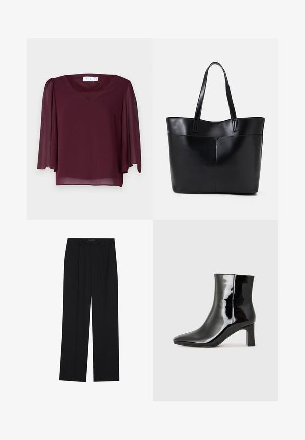 Burgundiškai raudona palaidinė su V formos dekolte, permatomomis trumpomis rankovėmis ir laisvu siluetu. Pagaminta iš lengvos medžiagos, turinčios plazdėjimo tekstūrą.; Juodos kelnes su tiesiomis sijonais, turinčios dvi priekinės kišenės ir juosmenį. Pagamintos iš lygios, lengvos medžiagos.; Juodos lakuotos odinės aulinukės su smailiu pirštu ir vidutinio aukščio blokuotu kulnu. Lygus paviršius ir minimalistinis dizainas.; Juoda odinė rankinė su dviem ilgais diržais, lygiu paviršiumi ir struktūrizuota forma. Yra priekinė kišenė papildomam saugojimui.