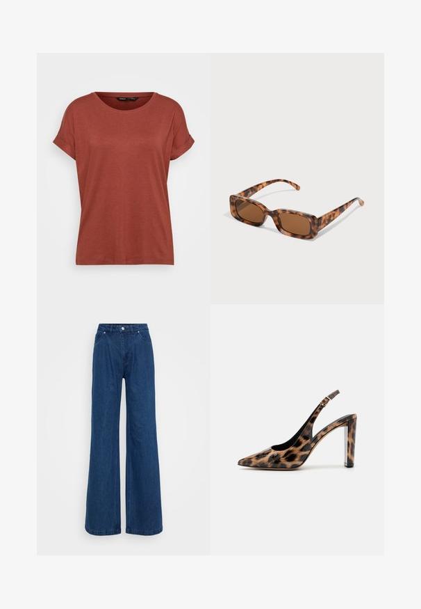 Červené tričko s krátkym rukávom vyrobené z jemného materiálu. Má okrúhly výstrih, rolované rukávy a voľný strih s hladkou textúrou.; Široké modré denimové džínsy s vysokým pásom, predným zapínaním na gombík a zips a prednými a zadnými vreckami na jednofarebnom pozadí.; Lodičky so slingback v leopardom vzore s ostrou špičkou a priehľadným blokovým podpätkom. Vyrobené z lesklého materiálu s hladkou textúrou.; Rámik slnečných okuliarov z korytnačiny s obdĺžnikovými hnedými sklami, hrubým rámom a štíhlymi stranicami so vzorom rôznych odtieňov hnedej.; Strieborná kruhová náušnica s lesklým povrchom, obsahujúca malé zlaté akcenty a okrúhly tvar, nosená na lalôčiku ucha.