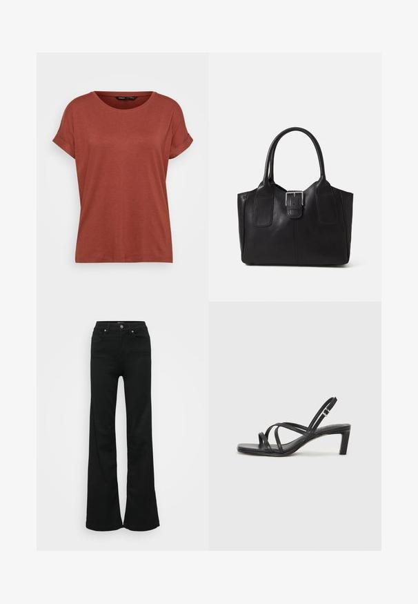 Rdeča majica s kratkimi rokavi, izdelana iz mehkega materiala. Ima okroglo izreznico, zavite rokave in sproščen kroj z gladko teksturo.; Črne razširjene kavbojke iz denima, z visokim pasom, petimi žepi in kovinskim gumbom za zapiranje. Gladka tekstura z minimalnimi detajli.; Črne natikače s trakovi in kvadratnim prstom ter nizkim blokastim peto. Imajo več tankih trakov in nastavljiv trak okoli gležnja. Narejene so iz gladkega usnja.; Črna usnjena torba s gladko teksturo, strukturirano obliko, dvema ročkama in izrazitim srebrnim sponko na sprednji strani.