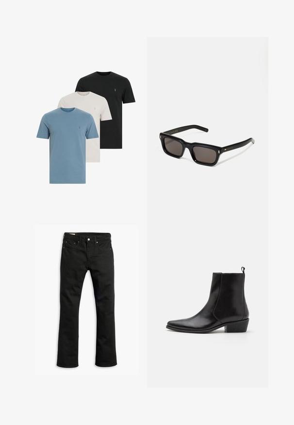 AllSaints BRACE TONIC 3 PACK - Basic póló - blue/grey/black; Fekete farmernadrág egyenes szárú fazonnal, öt zsebel, fém gombos záródással és visszafogott varrási részletekkel. Simább textúra és egységes szín.; Zign LEATHER - Cowboy/motoros bokacsizma - black; Fekete téglalap alakú napszemüveg sötét lencsékkel, vastag műanyag keret, arany díszítések a szárakon, és a márka logója gravírozva a szára.