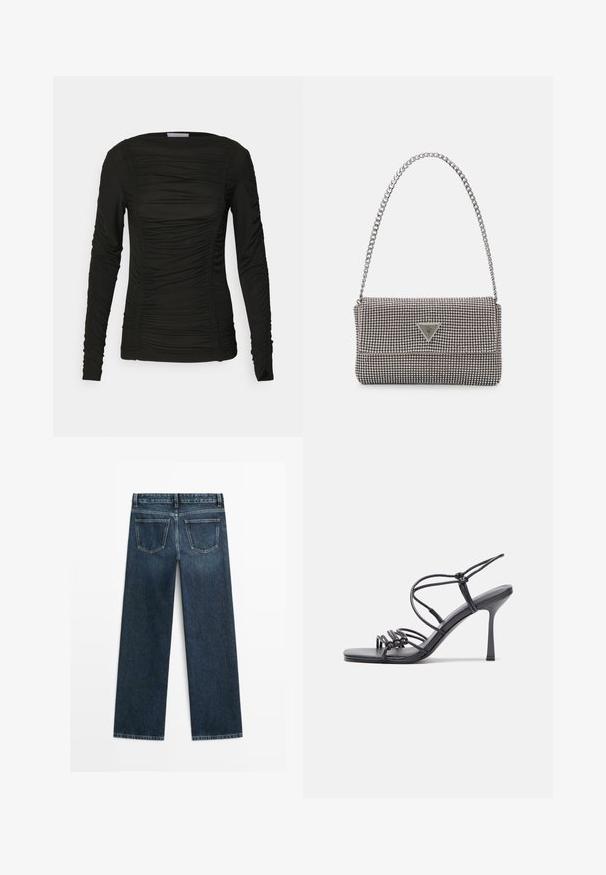 Sort langærmet top lavet af blødt materiale med en detaljeret samling langs fronten og ærmerne, der har en rund halsudskæring og tætsiddende design.; Mørkeblå denimjeans i lige snit med to baglommer og synlig syning langs sømme og kanter.; Sorte højhælede sandaler med tynde stropper og en knyttet design, en glat firkantet tå og en slank stiletto hæl.; Lys grå metallisk håndtaske med kædestrop, dekoreret med små runde metalliske studs og et trekantet brandlogo.; Sølv øreringe i cirkel med en glat, skinnende overflade, der har en buet form og lukning med stift bagpå. Minimalistisk design med et moderne udseende.