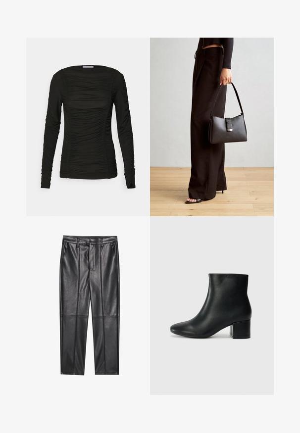 Schwarzes Langarmoberteil aus weichem Material mit Raffung entlang der Vorderseite und der Ärmel, mit rundem Ausschnitt und figurbetonter Passform.; Schwarze Lederhosen mit glatter Textur, gerader Passform, zwei Fronttaschen und sichtbaren Nahtdetails.; Schwarze Leder-Ankle-Boots mit spitzem Zehenbereich und klobigem Absatz. Glatte Textur mit minimalen Akzenten und einem eleganten, taillierten Design.; Schwarze Handtasche mit strukturierter Form, glatter Textur und einem metallischen Verschluss. Kombiniert mit weiten schwarzen Hosen und offenen Sandalen auf einem Holzboden.