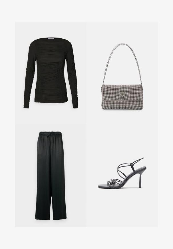 Fekete, hosszú ujjú felső puha anyagból, az elején és az ujjakon gyűrődött részletekkel. Kerek nyakkivágással és testhez simuló fazonnal rendelkezik.; Fekete, széles szárú nadrág sima anyagból, rugalmas derékrésszel és húzózsinórral. Egyszerű, minimalista dizájn.; Fekete magas sarkú szandálok vékony pántokkal, csomózott mintával, sima négyzetes orral és karcsú stiletto sarkal rendelkeznek.; Világosszürke fémes kézitáska lánc pánttal, kis kör alakú fém kifinomult díszítéssel és háromszög alakú márkagéppel.; Ezüst karika fülbevalók sima, fényes felülettel. Lekerekített forma, könnyű kialakítással, tűs zárómechanizmussal.