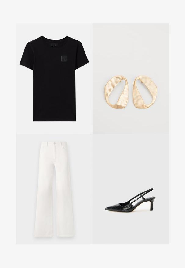 Čierne bavlnené tričko s okrúhlym výstrihom a krátkymi rukávmi. Na prednej strane sa nachádza malý obdĺžnikový logotyp.; Biele, vysoko pásové široké nohavice vyrobené z denimu. Obsahujú gombíkovú zatváranie, dve predné vrecká a bočné švy s detailmi šitia.; Čierne patentové slingback topánky na ihlovom podpätku s špicatou špičkou, s textúrovaným hadím vzorom, nastaviteľným popruhom a krátkym, textúrovaným blokovým podpätkom.; Pár nepravidelných oválnych zlatistých kovových náušníc s textúrovaným, mierne rozbitým povrchom na bielom pozadí.