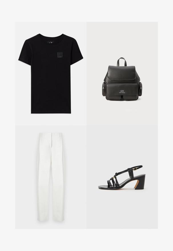 Black cotton t-shirt with a round neckline and short sleeves. Features a small rectangular logo tag on the front.; Paul Smith Trousers - white; Paul Smith AMIRA - Classic heels - black; Black leather backpack with a flap closure, front pocket, side zipper compartments, and a top handle. Features logo detailing at the front.