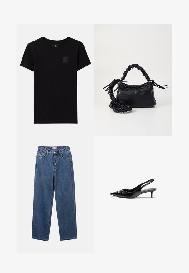 T-shirt di cotone nero con scollatura rotonda e maniche corte. Presenta un piccolo logo rettangolare sulla parte anteriore.; Jeans in denim blu classico con design a gamba dritta, cinque tasche e chiusura con bottone. Presentano un lavaggio medio e una trama robusta.; Tacchi slingback in pelle nera con punta affusolata, piccolo tacco kitten e un dettaglio a nodo decorativo sulla parte anteriore. Texture liscia su tutta la superficie.; Borsa a tracolla in ecopelle nera con texture a coccodrillo, apertura cinchata e tracolla arricciata. Si presenta con un design morbido e compatto.