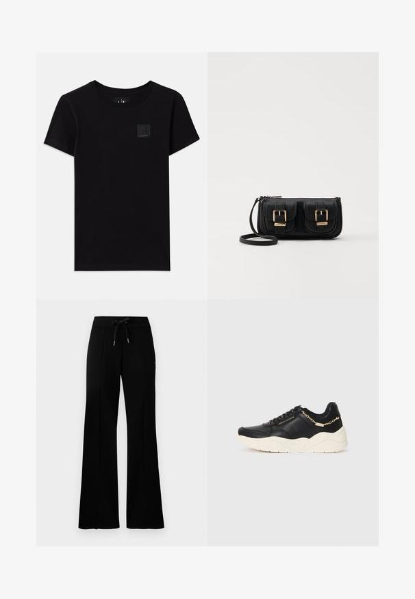 Musta puuvillat-paita pyöreällä kaula-aukolla ja lyhyillä hihoilla. Etupuolella on pieni suorakulmainen logotagi.; Mustat leveälahkeiset collegehousut, joissa on kiristysnauha vyötäröllä, sivuvetoketjut, pehmeä kangas ja tyylikäs muotoilu.; Musta nahkakengät, joissa on paksu kermaisa pohja, kultasävytteinen ketjuakseli ja mustat nauhat. Sileä pinta ja kohokuvioitu brändäys sivulla.; Musta nahkainen olkalaukku, jossa on kaksi etutaskua, kultaiset soljet, vetoketjukiinnitys ja kapea hihna. Teksturoidun pinnan ja kompaktin suorakaiteen muoto.