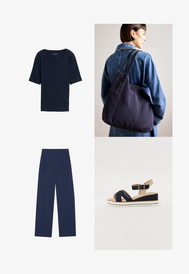 Tumed sinine T-särk ümarate krae, lühikeste varrukate ja pehme tekstuuriga. Valmistatud kergest materjalist, omades lõdva istuvust.; Tumedat sinised laiad püksid pehmest kangast, millel on esipleekid, sile pind ja sirge lõige, ilma nähtavate taskuteta.; Tumedat sinised sandaalid kahe kangast rihmaga, reguleeritava pahkluu rihmaga ja tekstuurse beežiga seljaga. Paks valge, laineline tallaosa. Bränd on trükitud rihmale.; Tumesinise kangast õlalauk, millel on pehme, struktureeritud kuju, must rihm, tikandiga detailid ja väike brändi silt.