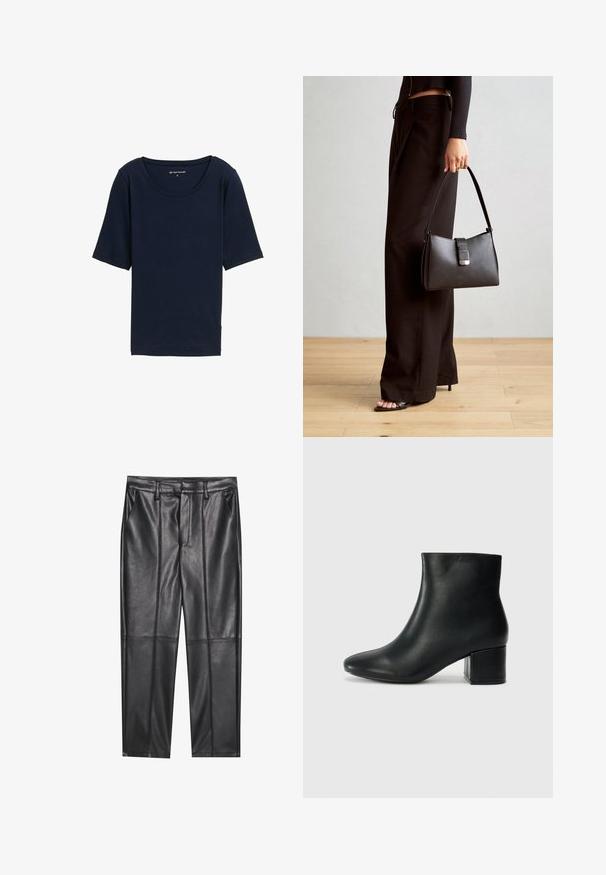Tumed sinine T-särk ümarate krae, lühikeste varrukate ja pehme tekstuuriga. Valmistatud kergest materjalist, omades lõdva istuvust.; Mustad nahkpüksid sileda tekstuuriga, sirge lõikega, kahe eesmine taskuga ja nähtavate õmblusteta.; Mustad nahast pahkluu saapad terava varbaga ja jämeda kandaga. Sile tekstuur minimaalse aktsentidega ja stiilne, lihvitud disain.; Must musta kott, millel on struktureeritud kuju, sile tekstuur ja metallist klamber. Kombineeritud laiate mustade pükstega ja avatud varvaste sandaalidega puidust põrandal.