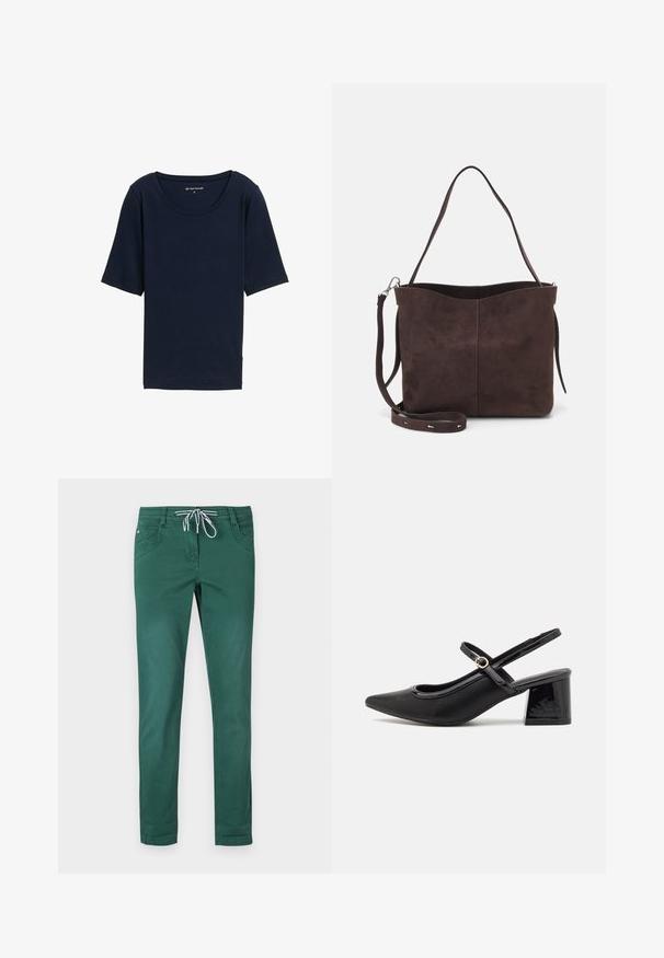Marineblå T-shirt med rund halsudskæring, korte ærmer og en blød tekstur. Fremstillet af letvægtsmateriale med en afslappet pasform.; Grønne bomuldsblandede bukser med lige ben-design, snøre i taljen og to forlommer. Glat tekstur og uden mønstre.; Sorte patentlæder slingback hæle med spids tå, rund udskæring og blokhæl. Har en guldtonet spændeaccents.; Brun ruskinds tote bag med en blød tekstur, der har en enkelt skulderrem og en diskret buet topåbning. Ingen synlige hårde detaljer.