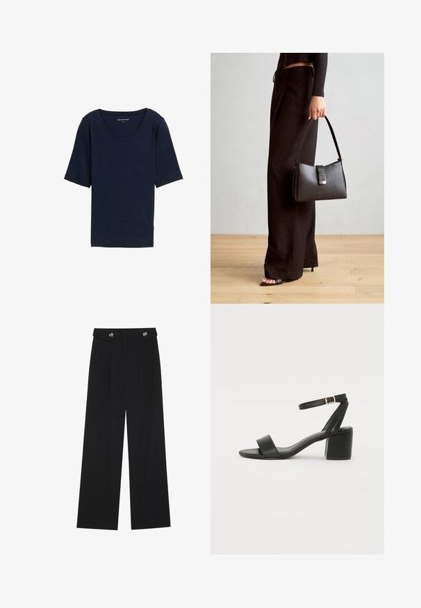 Marineblå T-shirt med rund halsudskæring, korte ærmer og en blød tekstur. Fremstillet af letvægtsmateriale med en afslappet pasform.; Sorte vide bukser med høj talje, knapdetaljer på taljebåndet og frontfald.; Sort hæl sandal med en glat læderoverdel, åben tå, brede frontstropper og justerbar ankelrem med detaljer i guldfarve.; Sort håndtaske med struktureret form, glat overflade og metalspænde. Sammen med brede sorte bukser og sandaler med åben tå på trægulv.