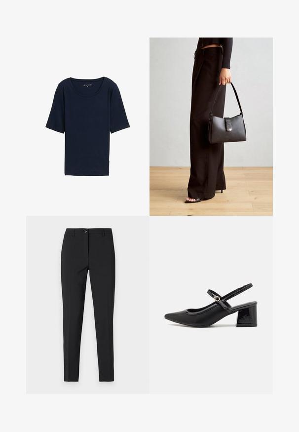 Námořnická modrá tričko s kulatým výstřihem, krátkými rukávy a jemnou texturou. Vyrobeno z lehkého materiálu, s uvolněným střihem.; Černé upnuté kalhoty z hladkého materiálu, s klasickým pasem, předním zipem a bočními kapsami, s elegantním, přiléhavým designem.; Černé lakované lodičky s otevřenou patou, špičatou špičkou, zaobleným střihem a blokovým podpatkem. Zdobené akcentem v zlatém tónu.; Černá kabelka se strukturovaným tvarem, hladkým povrchem a kovovým uzávěrem. Kombinována s širokými černými kalhotami a sandály s otevřenou špičkou na dřevěné podlaze.