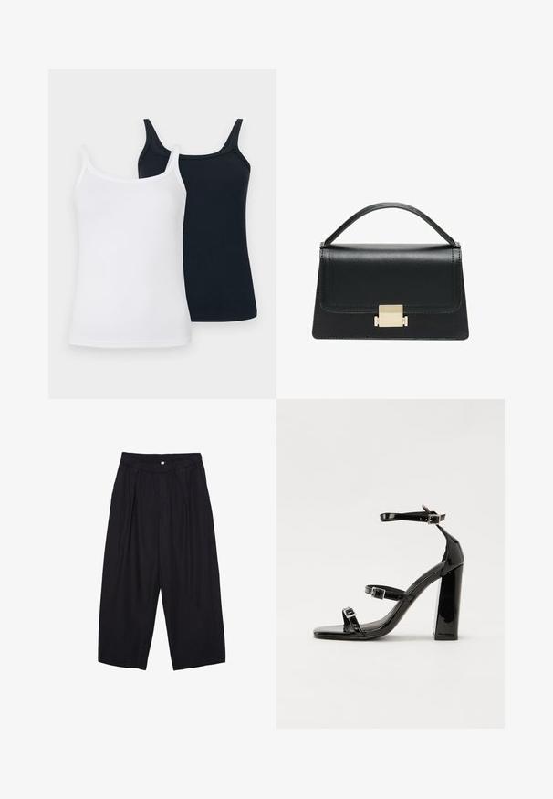 Zwei Baumwoll-Tanktops: eines in Weiß und eines in Marineblau. Beide haben dünne Träger, eine gerippte Textur und ein enganliegendes Design.; Schwarze Polyester-Culotte mit einem elastischen Bund, zwei vorderen Falten und einer lockeren Silhouette. Keine sichtbaren Muster oder Hardware-Details.; Schwarze patentierte Sandalen mit Absatz, quadratischer Spitze, Knöchelriemen und silbernen Schnallen. Mit einem stabilen Blockabsatz für mehr Stabilität.; Schwarze Lederhandtasche mit strukturiertem Design, oberem Griff und einem goldenen Metallschnappverschluss auf der Vorderseite. Glatte Textur, minimale Nähte.