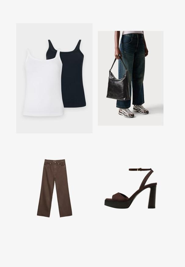 Kaksi puuvillapaita: yksi valkoinen ja toinen tummansininen. Molemmissa on ohuet hihnat, ribbitetty pinta ja tiukka muotoilu.; Leviittävät ruskeat farkut, jotka on valmistettu denimistä, korkea vyötärö, etutaskut ja klassinen nappikiinnitys. Silkkinen pinta hienovaraisella ompelutyöllä.; Ruske kožne sandale s visokom potpeticom, otvorenim prstima, podesivim kopčanjem oko gležnja i prugastim platformskim đonom.; Musta nahkainen olkalaukku, jossa on sileä pinta ja säädettävä hihna, yhdistettynä haalistuneisiin leveälahkeisiin farkkuihin ja urheilukenkien kanssa.