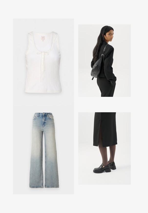 GAP GAP X DOEN POINTELLE TANK - Top - new off white; Světle modré široké džínsy vyrobené z denimu, s vysokým pasem, pěti kapsami a viditelným švem podél švů.; Černé kožené boty s kulatou špičkou, silným blokovým podpatkem a elastickými bočními akcenty, spárované s tmavými punčochami a černou sukní se rozparkem.; Žena s dlouhými tmavými vlasy, oblečená v černém obleku, nese černou koženou kabelku přes rameno a dívá se přes rameno na bílém pozadí.