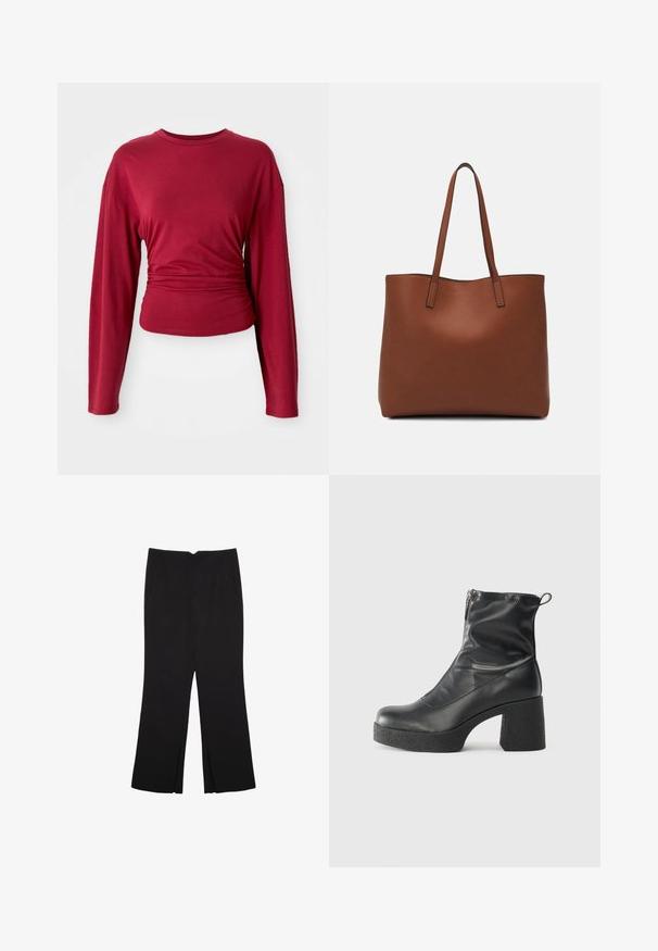 Burgundowa bluzka z długim rękawem, z okrągłym dekoltem, dopasowana w talii, wykonana z gładkiego materiału z delikatnym drapowaniem po bokach.; Czarne spodnie o prostym kroju, z przednimi kieszeniami i bocznymi rozcięciami na dole. Wykonane z miękkiego, gładkiego materiału. Odpowiednie na różne okazje.; Czarne botki za kostkę wykonane z gładkiej skóry, wyposażone w boczny zamek błyskawiczny, masywny teksturowany obcas oraz zaokrąglony czubek.; Brązowa skórzana torba tote o gładkiej fakturze, z otwartym wierzchem i dwoma ramiączkami. Charakteryzuje się minimalnym przeszyciem i brakiem widocznych elementów metalowych.