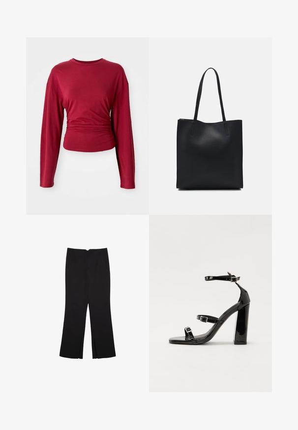 Burgundy pitkähihaisella paidalla, jossa on pyöreä kaula-aukko, vyötäröltä kapea, valmistettu sileästä kankaasta, jossa on pehmeää laskostusta sivuilla.; Mustat housut suoralinjaisella leikkauksella, joissa on etutaskut ja sivurei'ät helman alla. Valmistettu pehmeästä ja sileästä kankaasta. Sopii eri tilaisuuksiin.; Musta kiiltävä korkokenkä sandaalit neliönmuotoisella varpaalla, nilkkaremmillä ja hopeisilla soljilla. Varustettu tukevalla lohkokorkealla vakauden takaamiseksi.; Mustapahkainen kangaskassi, jossa on sileä pinta, suorakaiteen muotoinen ja kaksi pitkää kahvaa. Ei näkyvää metalliosaa tai koristeita.