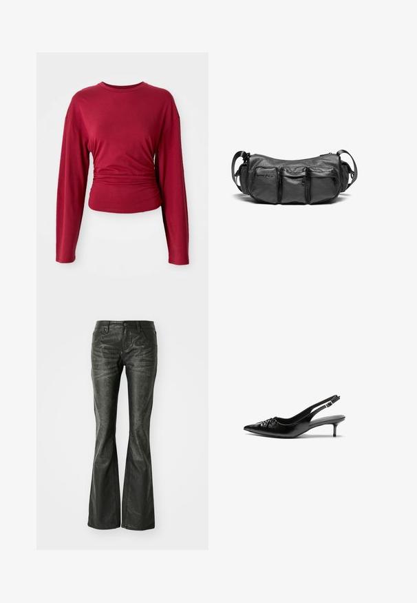 Bordeauxfarbene Langarmbluse mit Rundhalsausschnitt, an der Taille tailliert, aus glattem Stoff mit sanftem Fall an den Seiten.; Schwarze Kunstleder-Flared-Jeans mit Fronttaschen, einem Metallknopfverschluss und einer leicht strukturierten Oberfläche. Schmaler Schnitt mit langem Bein.; Schwarze Leder-Slingback-Absätze mit einer spitzen Zehenform, kleinen Kitten-Absätzen und einem dekorativen Knoten-Detail auf der Vorderseite. Glatte Textur über die gesamte Fläche.; Schwarze Leder-Crossbody-Tasche mit strukturiertem Finish. Verfügt über drei Außentaschen und einen verstellbaren Riemen. Kompakte, abgerundete Form.
