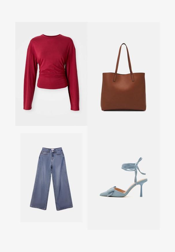 Burgunderfarget langermet topp med rund hals, innsnørt i midjen, laget av glatt stoff med myke draperinger på sidene.; Bredde ben jeans i lys blå vask, med høy livhøyde, frontlommer og knappelukking med beltehemper.; Pekepusted hæl sko i lyseblå stof med en tekstureret finish, med en sløjfeaccent og ankelrem for en sikker pasform.; Brun lær tote veske med en jevn tekstur, åpen toppdesign og to skulderstropper. Har minimal søm og ingen synlige spiker.