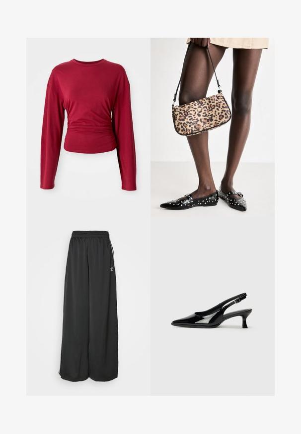 Burgundy pitkähihaisella paidalla, jossa on pyöreä kaula-aukko, vyötäröltä kapea, valmistettu sileästä kankaasta, jossa on pehmeää laskostusta sivuilla.; Musta löysästi istuva urheiluhaalari, joka on valmistettu sileästä kankaasta. Sisältää joustavan vyötärön ja sivuilla nauhoja, joissa on logo-yksityiskohtia.; Musta lakatut slingback-kengät, joissa on kärkikärki ja matala lohkokanta. Säädettävä solki nilkassa.; Laukkua, jossa on leopardikuvio ja musta hihna, jossa on suorakaiteen muotoinen ja sileä pinta. Laukkua pidetään mustien niittikenkien vieressä.