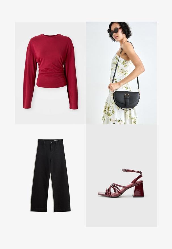 Burgundy long-sleeve top with a crew neck, fitted at the waist, made of smooth fabric with gentle draping at the sides.; Black wide-leg denim pants with a high waist, featuring front and back pockets, stitched seams, and a button closure. Smooth texture.; Patent burgundy heeled sandals with a square toe, featuring multiple intertwined straps and a chunky block heel. Adjustable ankle strap.; Black leather handbag with a curved shape, detachable strap, and gold hardware. The bag features a flap with a buckle detail.