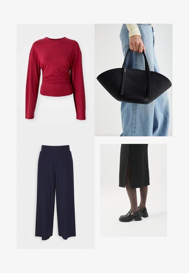 Burgunderfarget langermet topp med rund hals, innsnørt i midjen, laget av glatt stoff med myke draperinger på sidene.; Bredde bukser i mørk marineblå stoff med ribbet tekstur. Har en glatt midje og en luftig silhuett, som når midt på leggen.; Sorte lærersko med rund tå, tykk blokkheel og elastiske sideaksenter, sammen med mørke strømpebukser og et svart skjørt med splitt.; Svart skinnveske med en unik vifteform, med flate håndtak. Overflaten har en pebblelignende tekstur og et minimalistisk design.