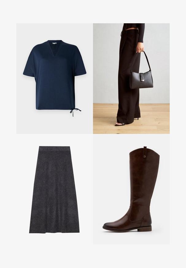 Námořnická modrá triko s krátkým rukávem, V-výstřihem, volným střihem, postranními rozparky a nastavitelného šňůrkového detailu na lemu. Hladká textilní struktura.; Tmavě šedá, sukně po kolena pletená s hladkým povrchem a pasem. Silueta do áčka s rovnoměrným lemem, navržena pro pohodlí a univerzálnost.; Hnědé kozačky do kolen vyrobené z hladké kůže, s kulatou špičkou, nízkým stohovaným podpatkem a jemným prošitím po stranách.; Černá kabelka se strukturovaným tvarem, hladkým povrchem a kovovým uzávěrem. Kombinována s širokými černými kalhotami a sandály s otevřenou špičkou na dřevěné podlaze.